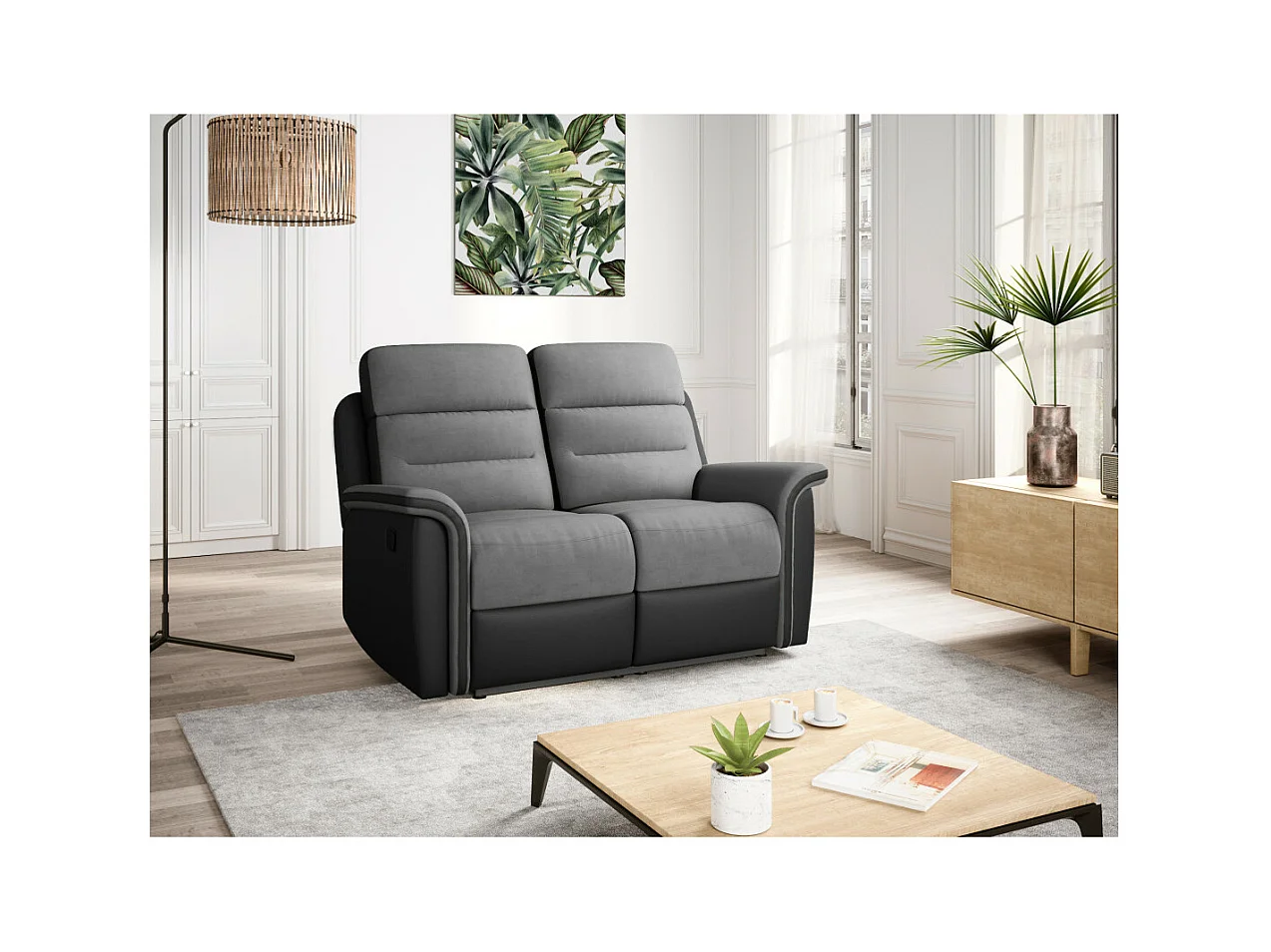 Canapé de Relaxation 2 places en Microfibre et Simili Léon - Gris et Noir - Loungitude