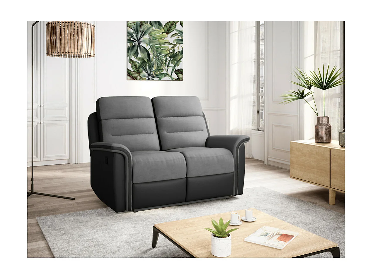 Canapé de Relaxation 2 places en Microfibre et Simili Léon - Gris et Noir - Loungitude