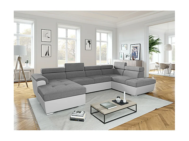 Canapé d'angle Panoramique 6 Places Paola Convertible en Simili/Tissu Avec Coffres - Blanc/Gris - L322 x P196 x H76cm - Loungitude