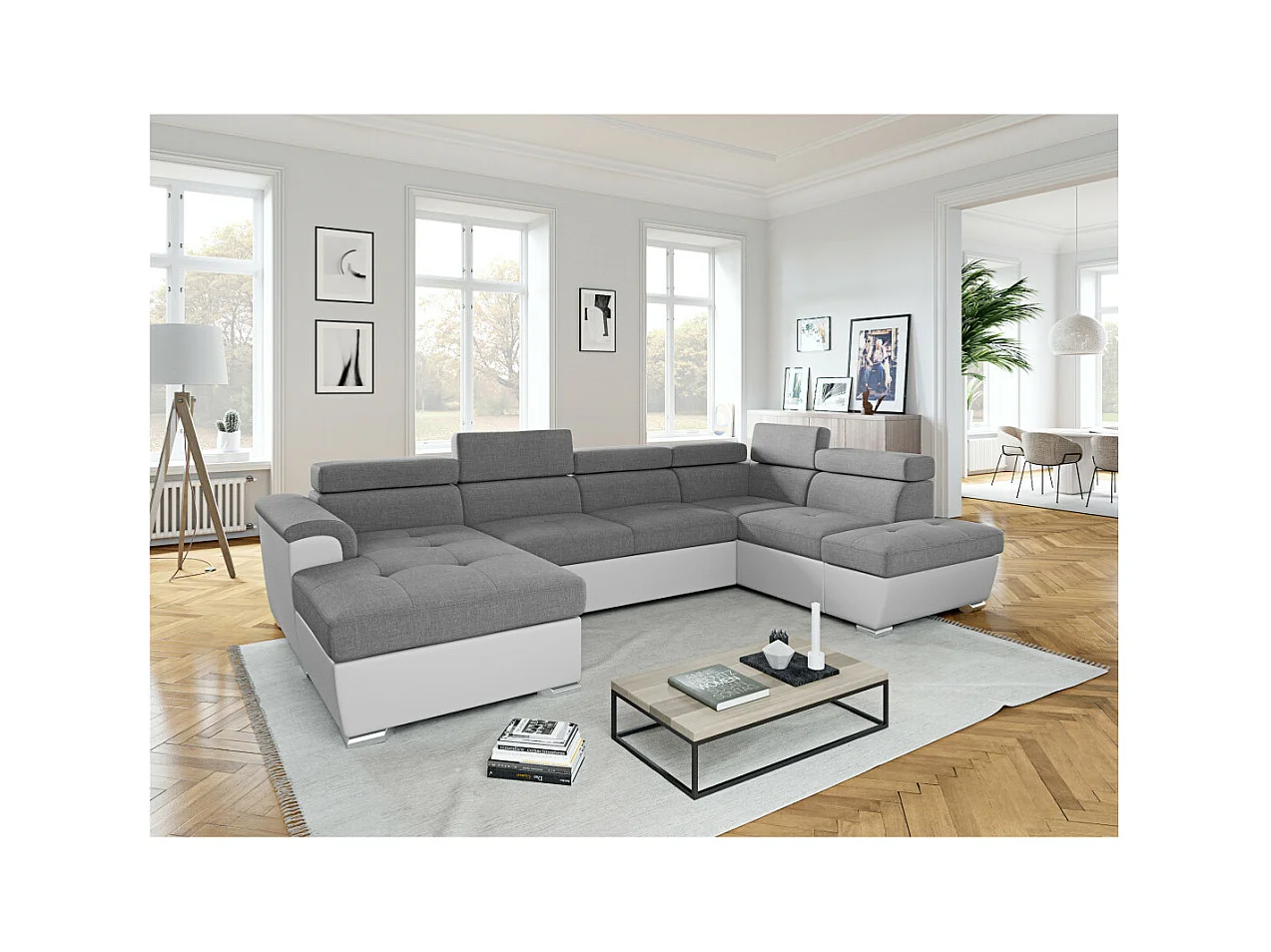 Canapé d'angle Panoramique 6 Places Paola Convertible en Simili/Tissu Avec Coffres - Blanc/Gris - L322 x P196 x H76cm - Loungitude