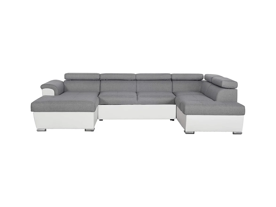 Canapé d'angle Panoramique 6 Places Paola Convertible en Simili/Tissu Avec Coffres - Blanc/Gris - L322 x P196 x H76cm - Loungitude