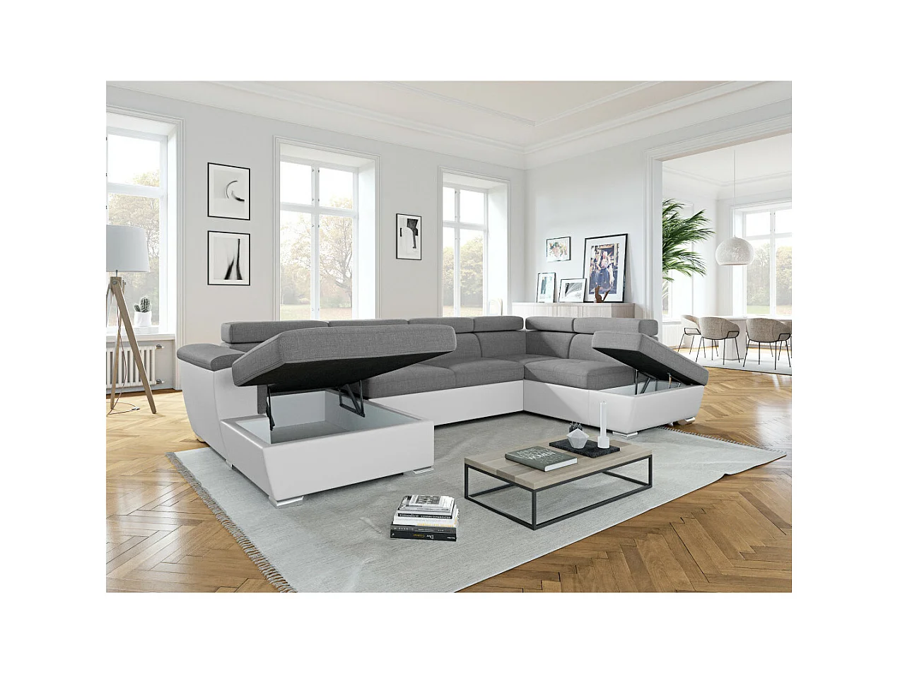 Canapé d'angle Panoramique 6 Places Paola Convertible en Simili/Tissu Avec Coffres - Blanc/Gris - L322 x P196 x H76cm - Loungitude