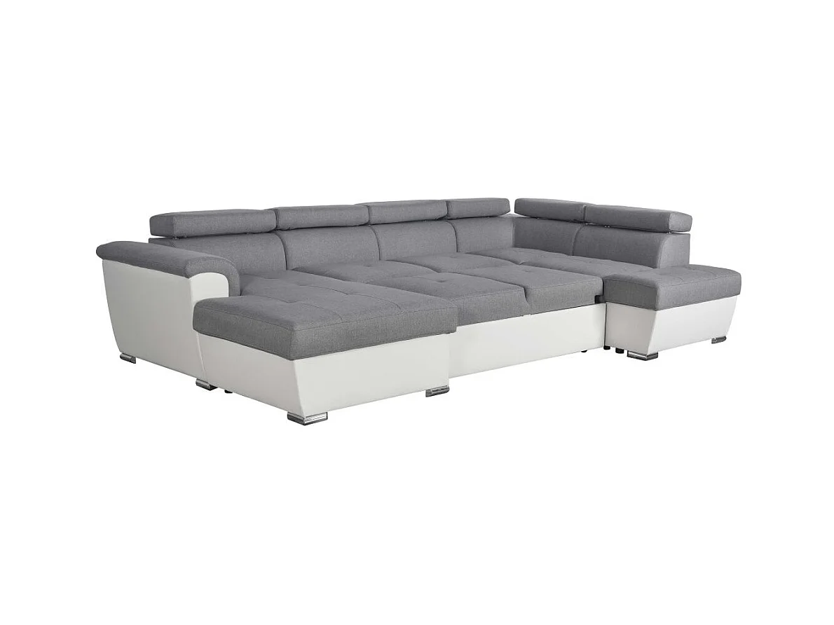 Canapé d'angle Panoramique 6 Places Paola Convertible en Simili/Tissu Avec Coffres - Blanc/Gris - L322 x P196 x H76cm - Loungitude