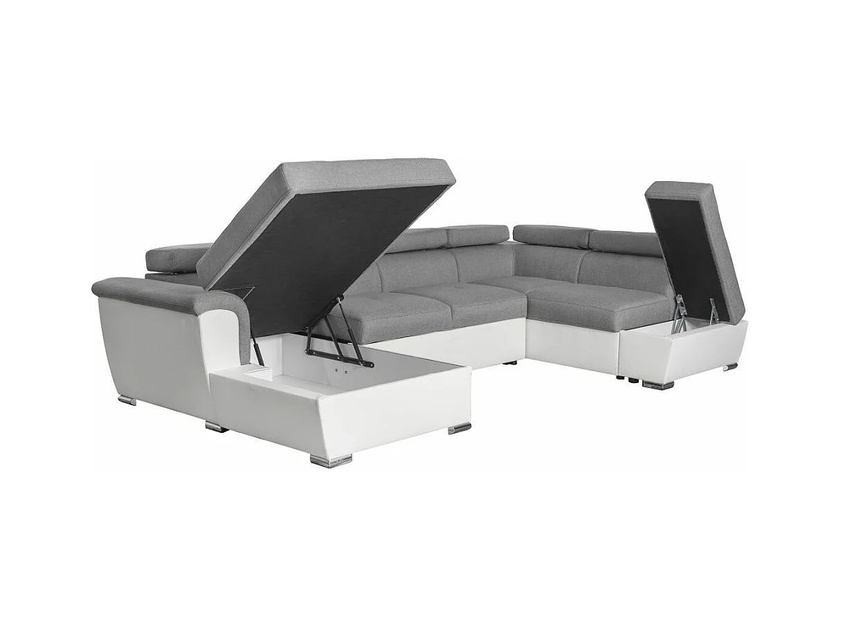 Canapé d'angle Panoramique 6 Places Paola Convertible en Simili/Tissu Avec Coffres - Blanc/Gris - L322 x P196 x H76cm - Loungitude