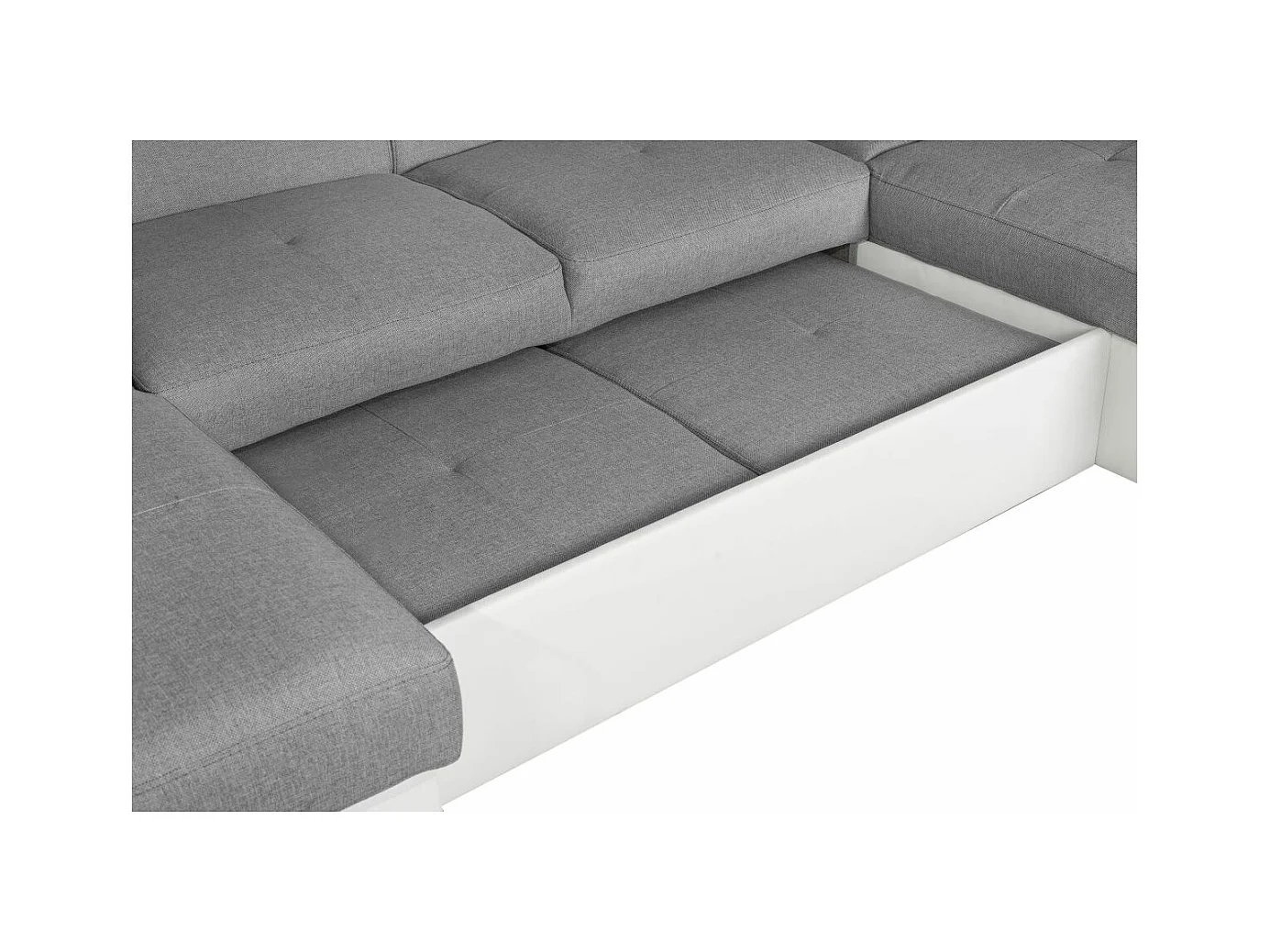 Canapé d'angle Panoramique 6 Places Paola Convertible en Simili/Tissu Avec Coffres - Blanc/Gris - L322 x P196 x H76cm - Loungitude