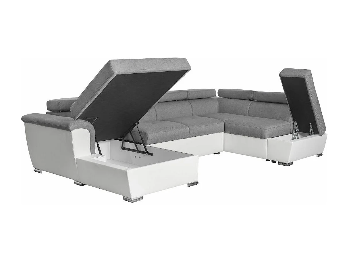 Canapé d'angle Panoramique 6 places Paola convertible en Simili/Tissu Avec Coffres - Blanc/Gris - L322 x P196 x H76cm - Loungitude
