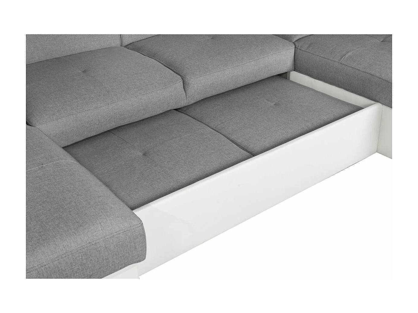 Canapé d'angle Panoramique 6 places Paola convertible en Simili/Tissu Avec Coffres - Blanc/Gris - L322 x P196 x H76cm - Loungitude