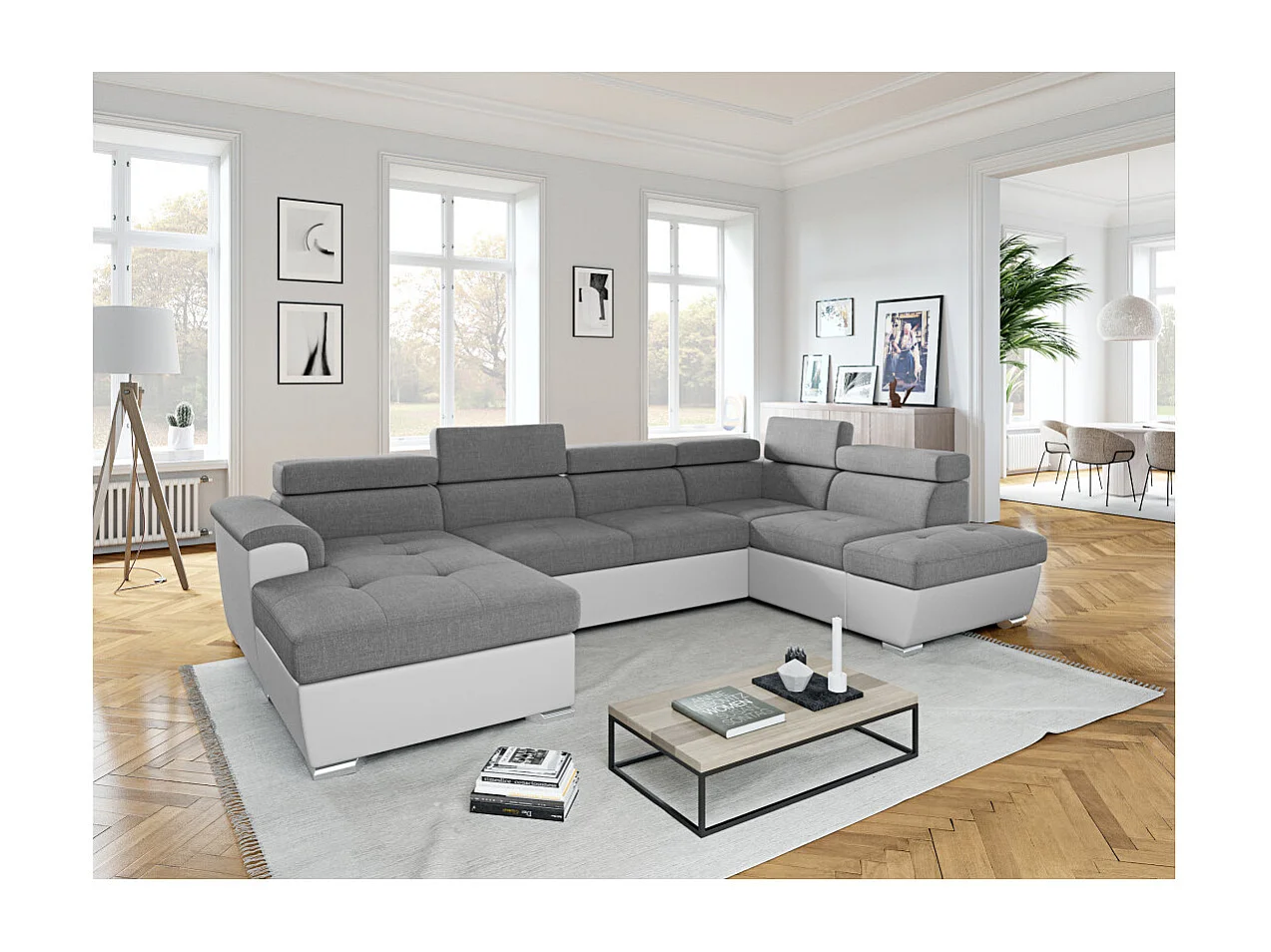 Canapé d'angle Panoramique 6 places Paola convertible en Simili/Tissu Avec Coffres - Blanc/Gris - L322 x P196 x H76cm - Loungitude