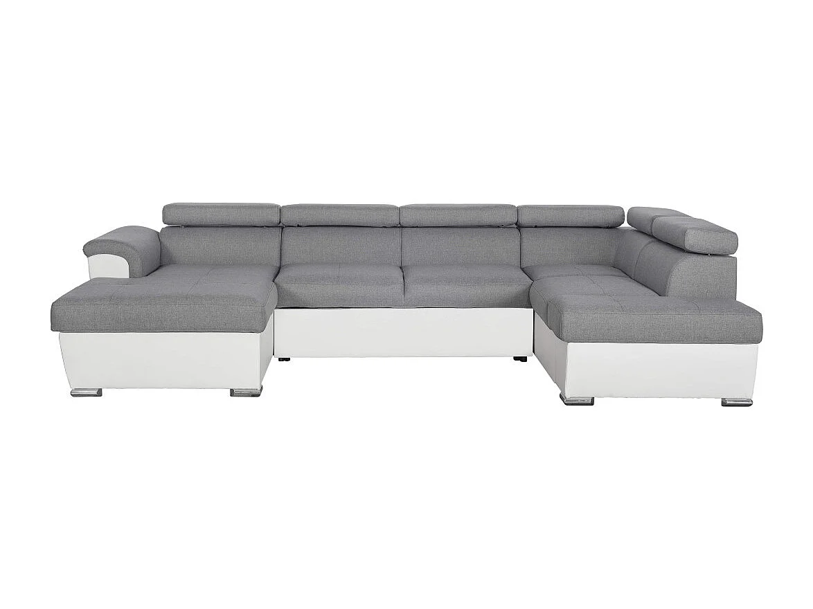 Canapé d'angle Panoramique 6 places Paola convertible en Simili/Tissu Avec Coffres - Blanc/Gris - L322 x P196 x H76cm - Loungitude