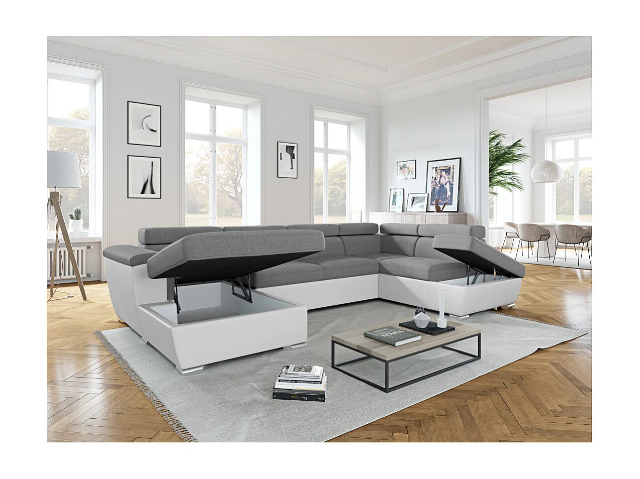 Canapé d'angle Panoramique 6 places Paola convertible en Simili/Tissu Avec Coffres - Blanc/Gris - L322 x P196 x H76cm - Loungitude