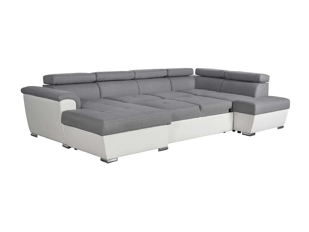 Canapé d'angle Panoramique 6 places Paola convertible en Simili/Tissu Avec Coffres - Blanc/Gris - L322 x P196 x H76cm - Loungitude
