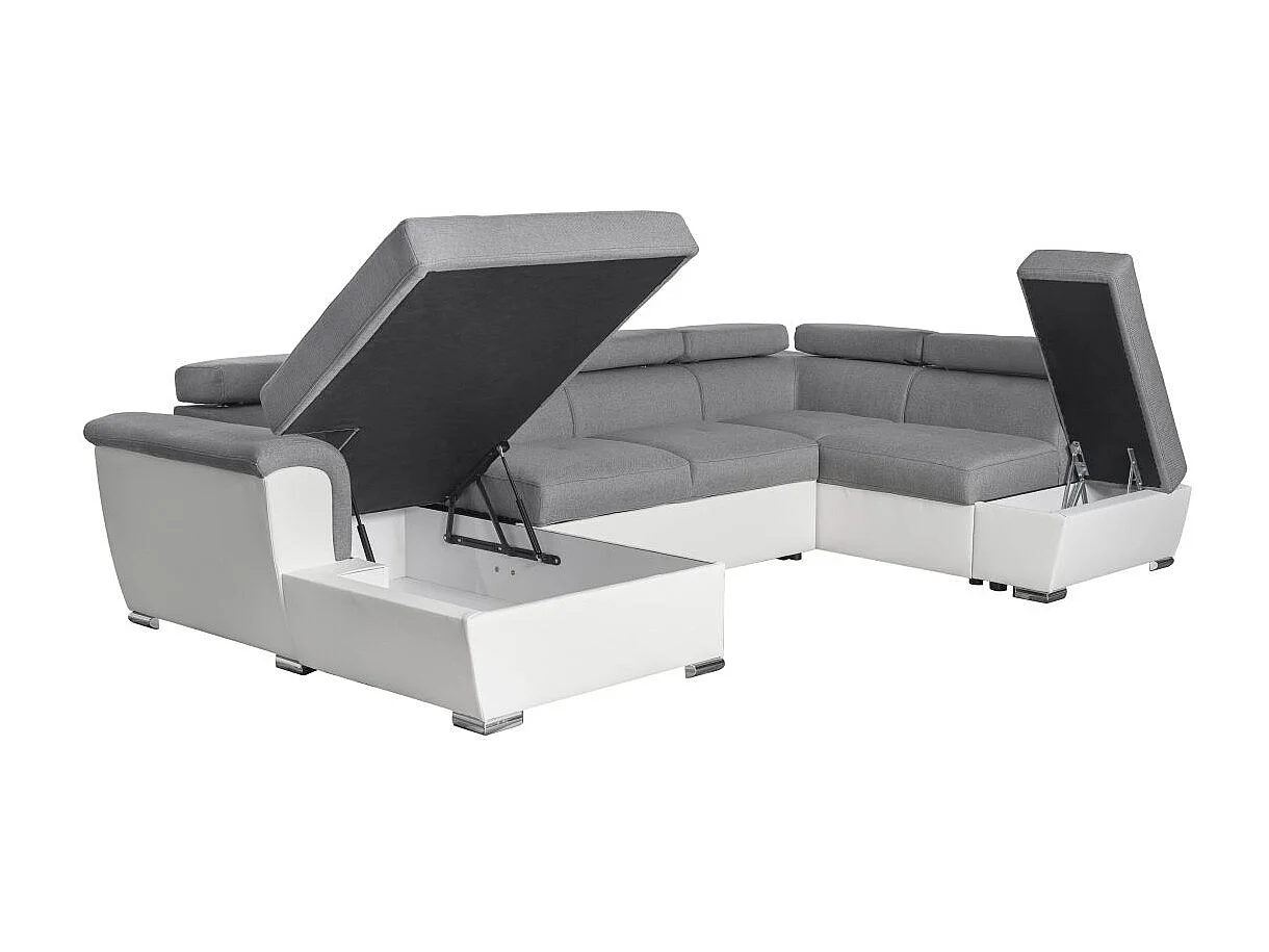 Canapé d'angle Panoramique 6 places Paola convertible en Simili/Tissu Avec Coffres - Blanc/Gris - L322 x P196 x H76cm - Loungitude