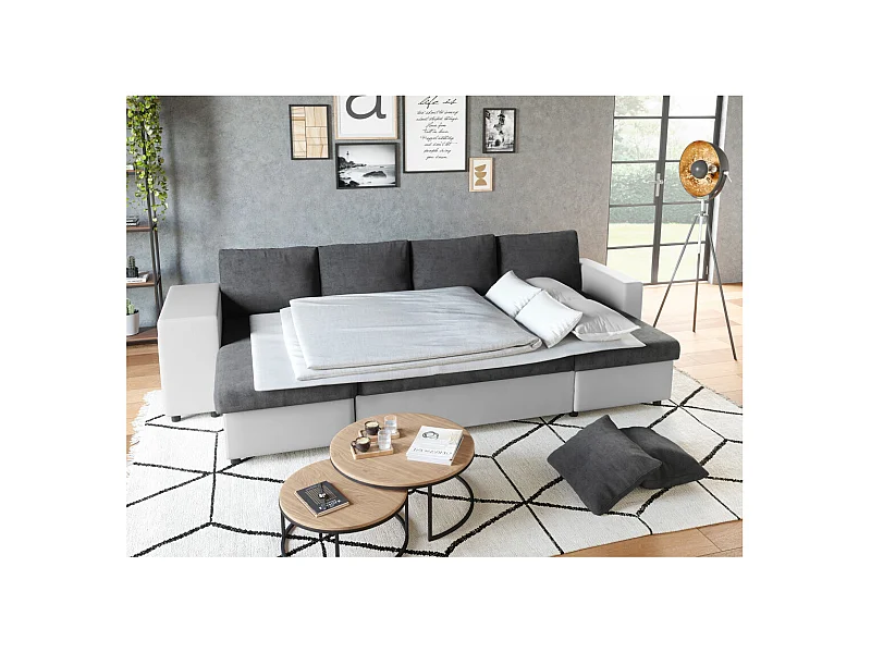 Canapé panoramique Oslo convertible avec coffres, poufs à gauche - Simili/Microfibre - Blanc/Gris - L311 x P146 x H81cm - Loungitude