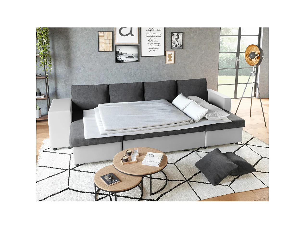Canapé panoramique Oslo convertible avec coffres, poufs à gauche - Simili/Microfibre - Blanc/Gris - L311 x P146 x H81cm - Loungitude