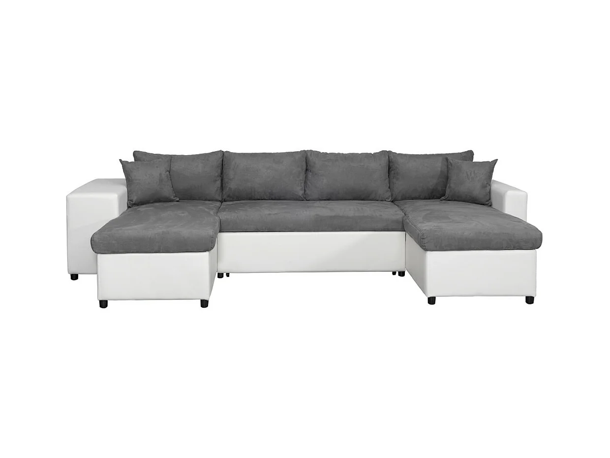 Canapé panoramique Oslo convertible avec coffres, poufs à gauche - Simili/Microfibre - Blanc/Gris - L311 x P146 x H81cm - Loungitude