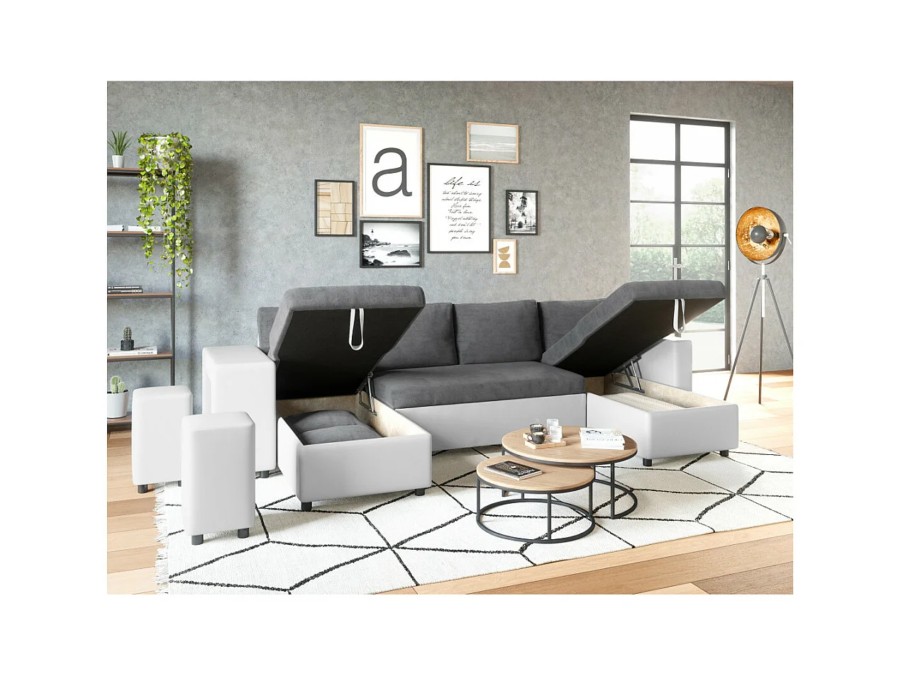 Canapé panoramique Oslo convertible avec coffres, poufs à gauche - Simili/Microfibre - Blanc/Gris - L311 x P146 x H81cm - Loungitude