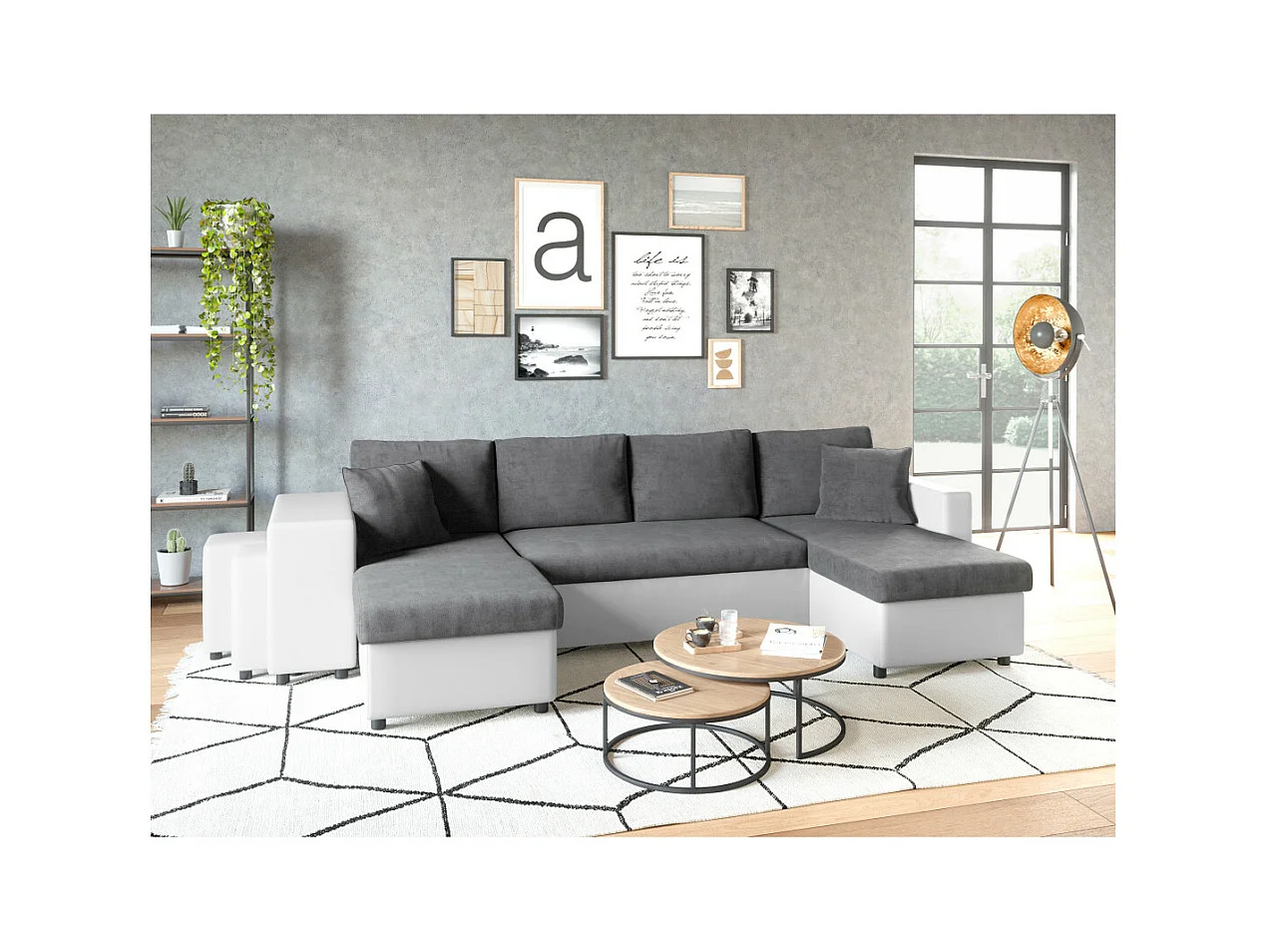 Canapé panoramique Oslo convertible avec coffres, poufs à gauche - Simili/Microfibre - Blanc/Gris - L311 x P146 x H81cm - Loungitude