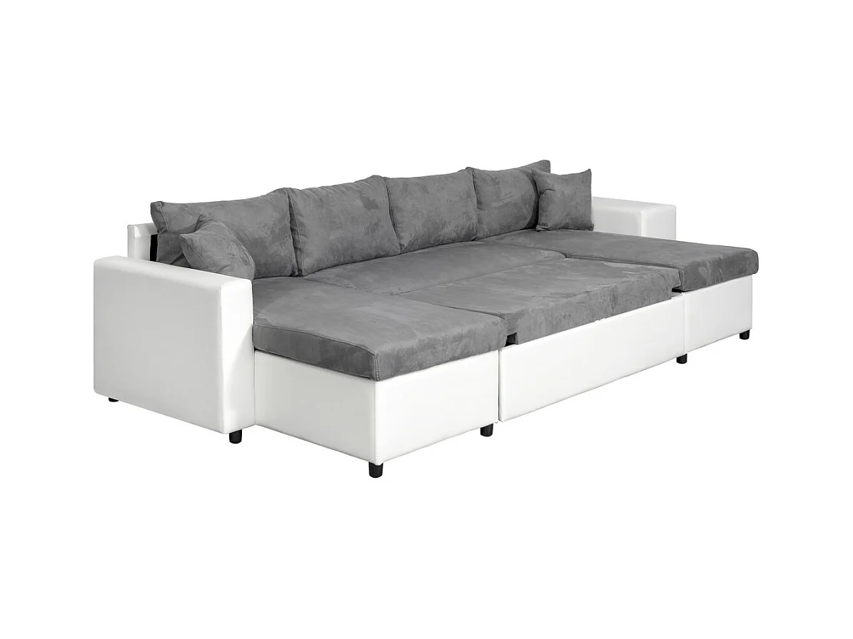 Canapé panoramique Oslo convertible avec coffres, poufs à gauche - Simili/Microfibre - Blanc/Gris - L311 x P146 x H81cm - Loungitude