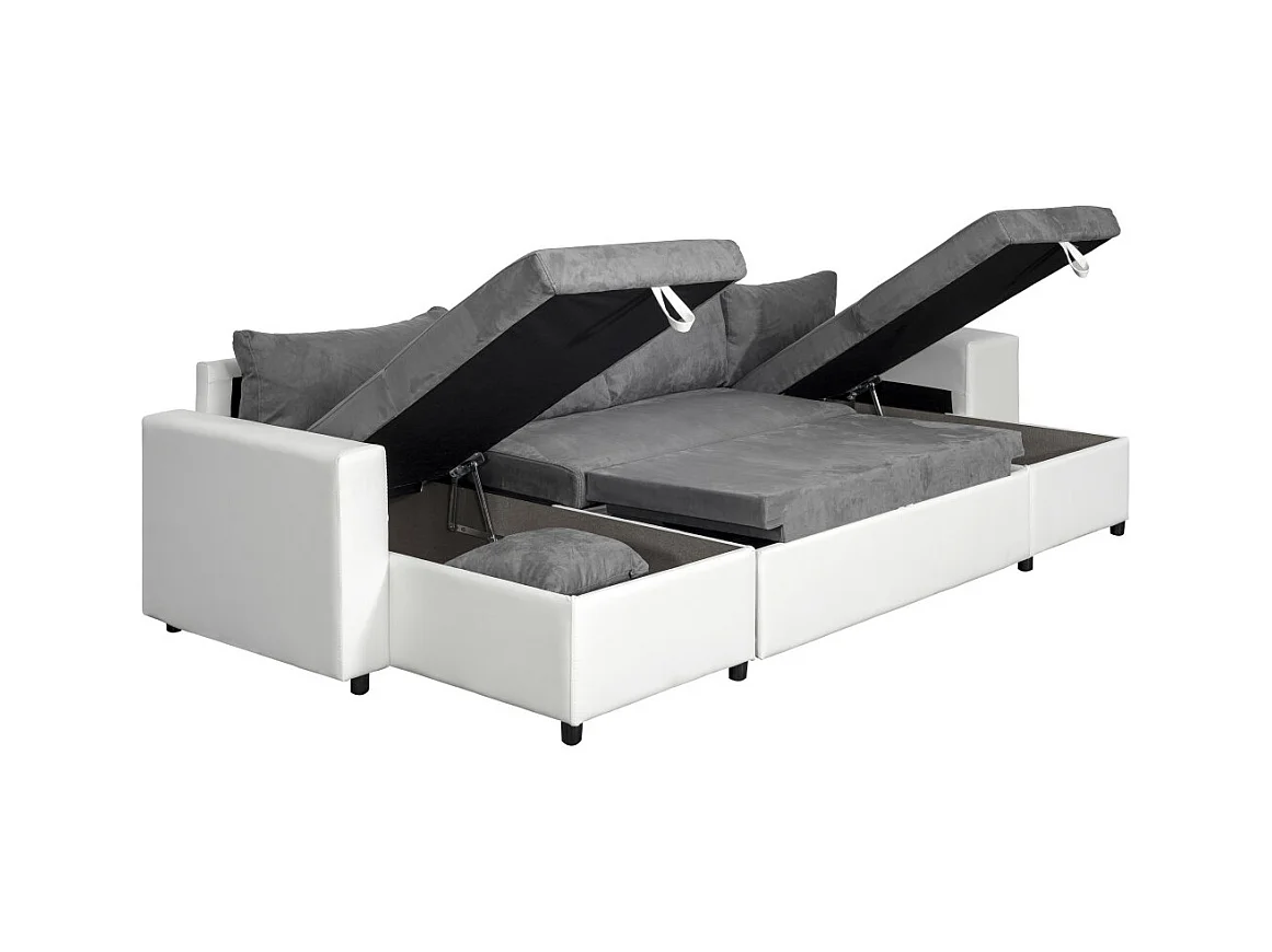 Canapé panoramique Oslo convertible avec coffres, poufs à gauche - Simili/Microfibre - Blanc/Gris - L311 x P146 x H81cm - Loungitude