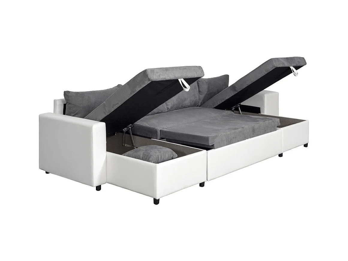 Canapé panoramique Oslo convertible avec coffres, poufs à gauche - Simili/Microfibre - Blanc/Gris - L311 x P146 x H81cm - Loungitude