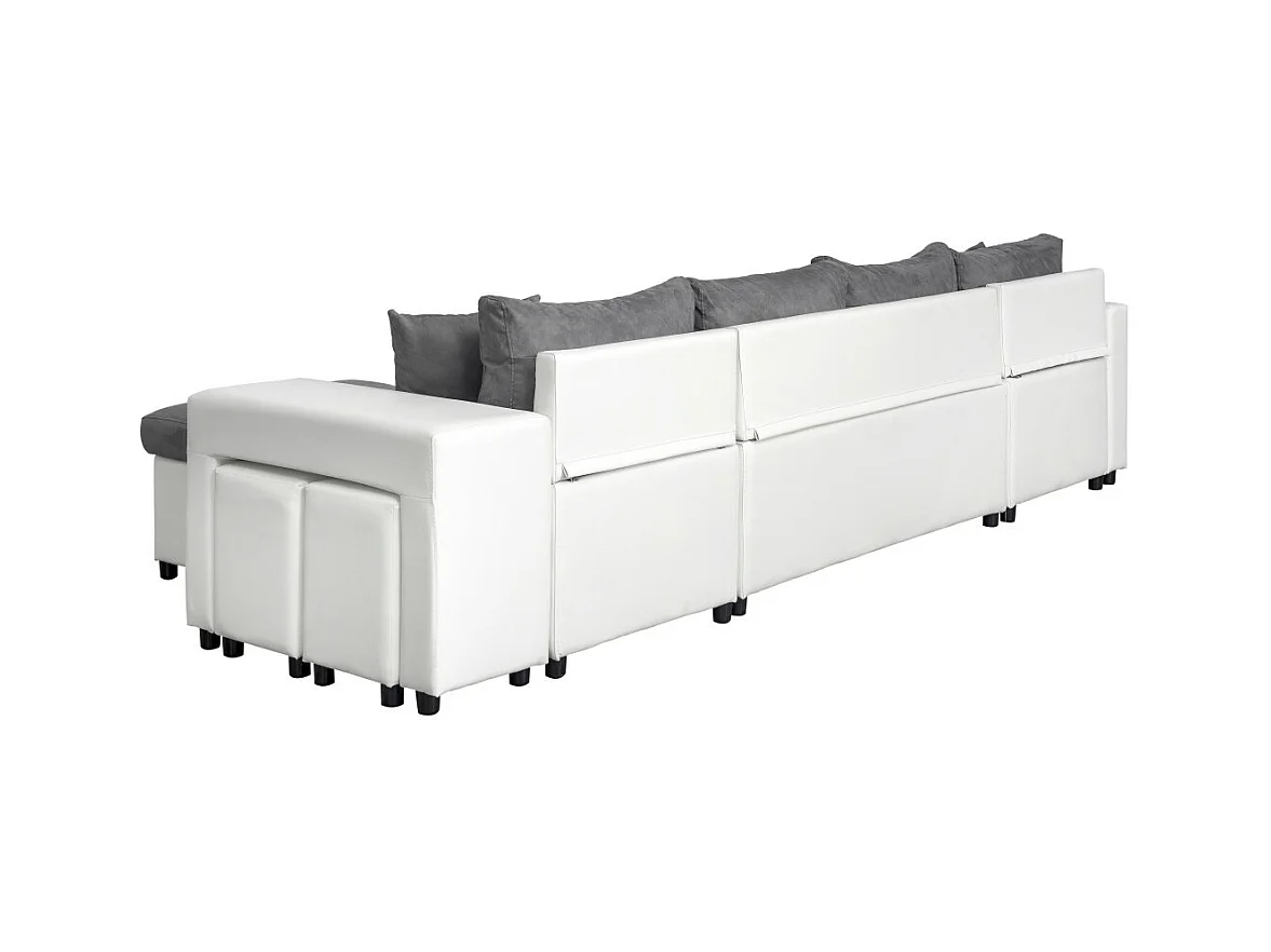 Canapé panoramique Oslo convertible avec coffres, poufs à gauche - Simili/Microfibre - Blanc/Gris - L311 x P146 x H81cm - Loungitude