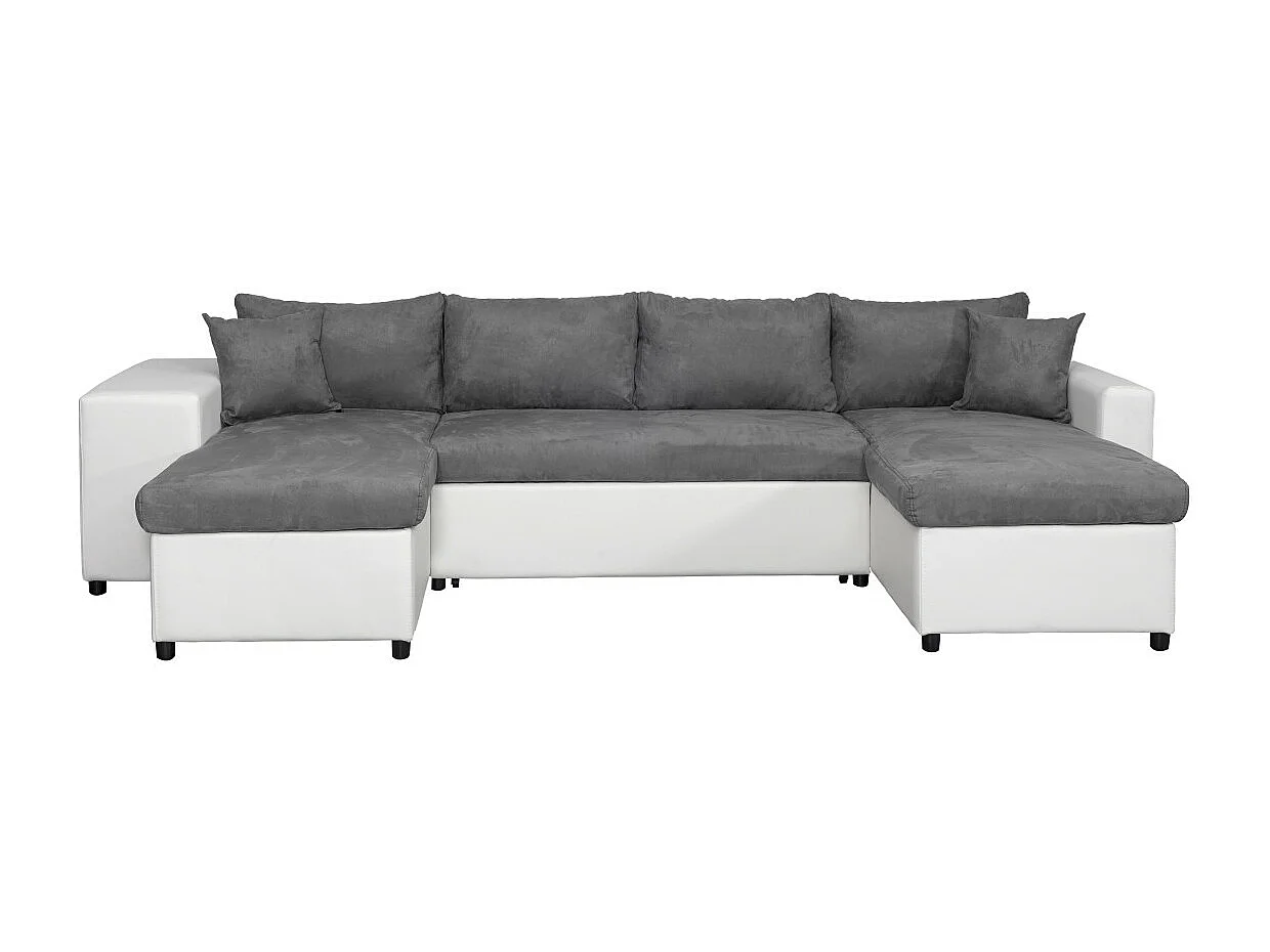 Canapé panoramique Oslo convertible avec coffres, poufs à gauche - Simili/Microfibre - Blanc/Gris - L311 x P146 x H81cm - Loungitude