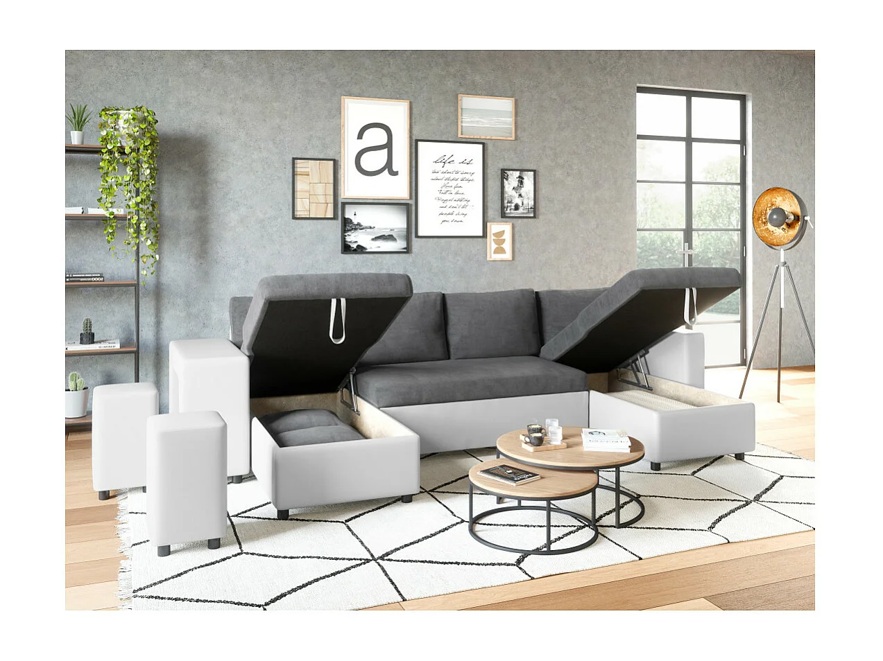 Canapé panoramique Oslo convertible avec coffres, poufs à gauche - Simili/Microfibre - Blanc/Gris - L311 x P146 x H81cm - Loungitude