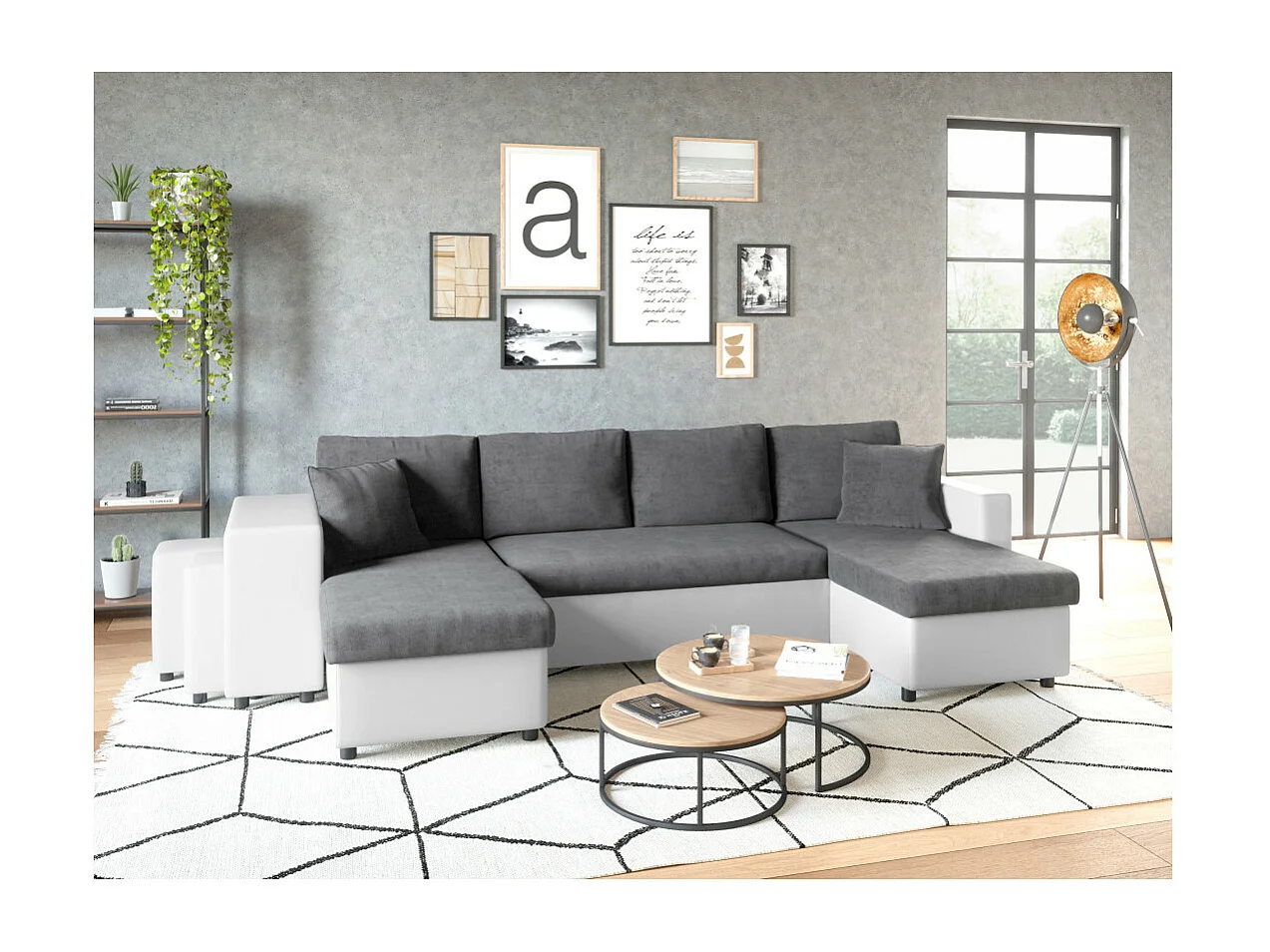 Canapé panoramique Oslo convertible avec coffres, poufs à gauche - Simili/Microfibre - Blanc/Gris - L311 x P146 x H81cm - Loungitude