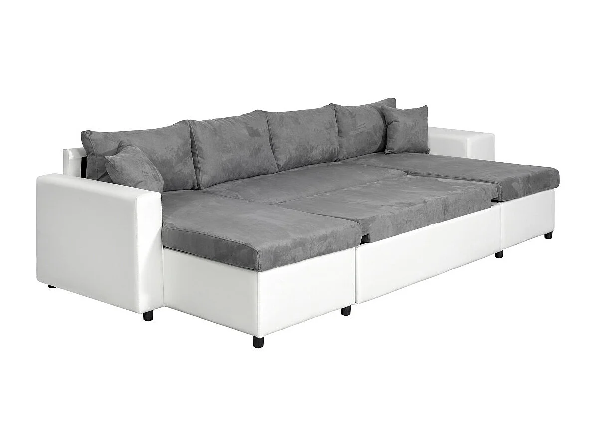 Canapé panoramique Oslo convertible avec coffres, poufs à gauche - Simili/Microfibre - Blanc/Gris - L311 x P146 x H81cm - Loungitude