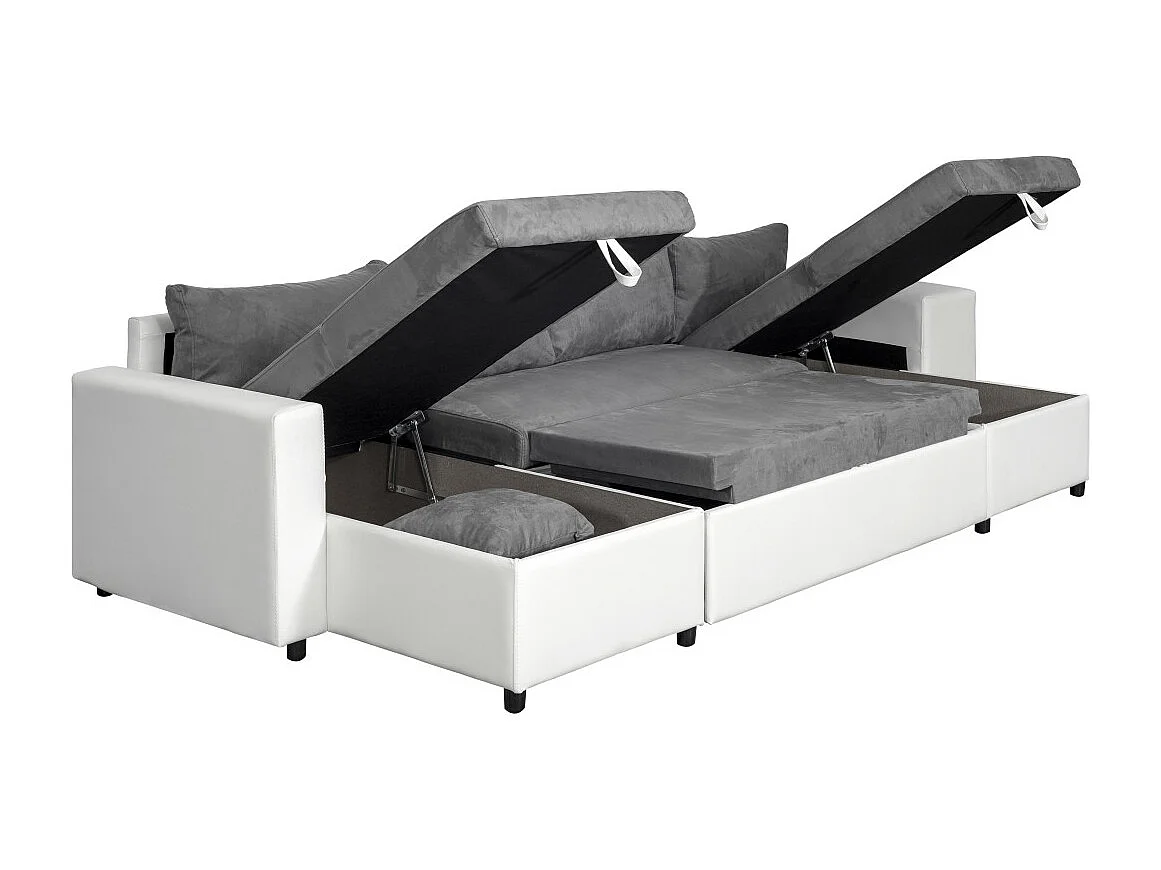 Canapé panoramique Oslo convertible avec coffres, poufs à gauche - Simili/Microfibre - Blanc/Gris - L311 x P146 x H81cm - Loungitude