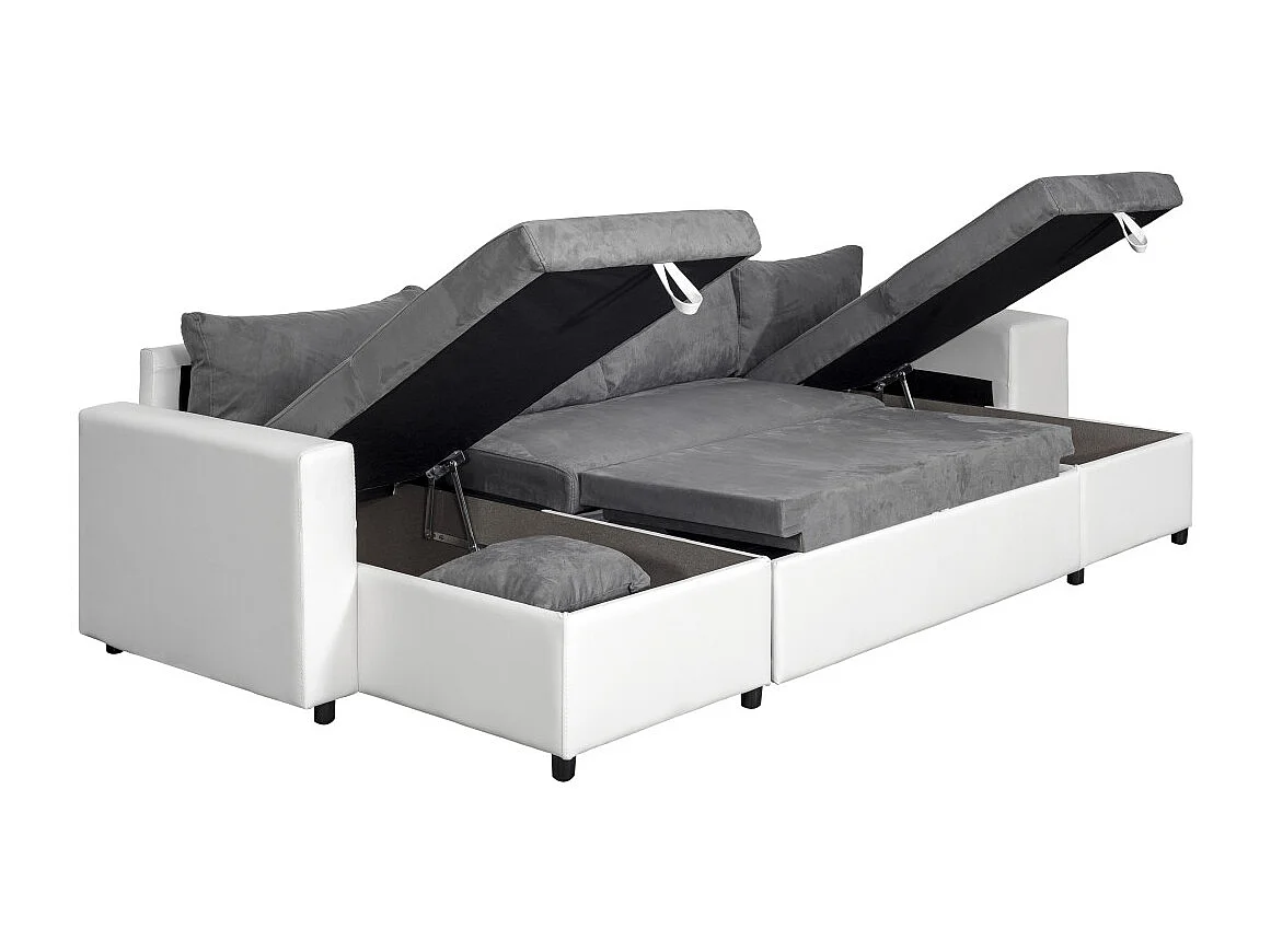 Canapé panoramique Oslo convertible avec coffres, poufs à gauche - Simili/Microfibre - Blanc/Gris - L311 x P146 x H81cm - Loungitude