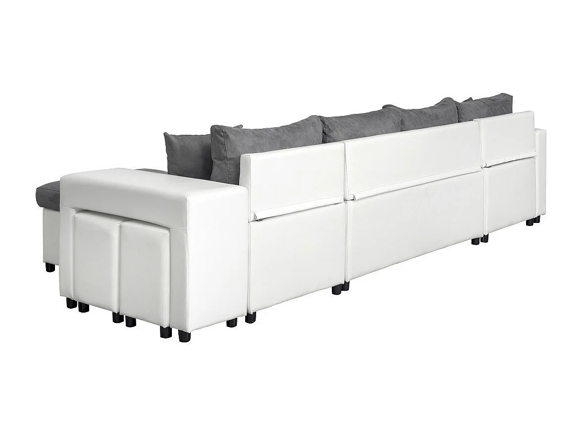 Canapé panoramique Oslo convertible avec coffres, poufs à gauche - Simili/Microfibre - Blanc/Gris - L311 x P146 x H81cm - Loungitude