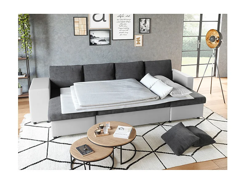 Canapé panoramique Oslo convertible avec coffres, poufs à gauche - Simili/Microfibre - Blanc/Gris - L311 x P146 x H81cm - Loungitude