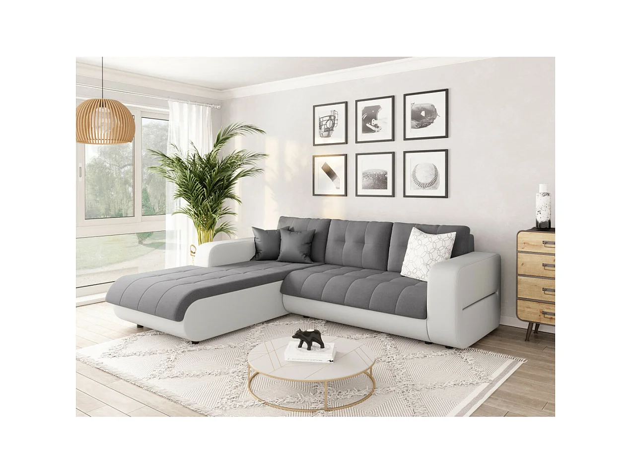 Canapé d'angle Gauche 4 places Suzie Convertible en Simili et Microfibre - Blanc et Gris - L246 x 188 x 80cm - Loungitude