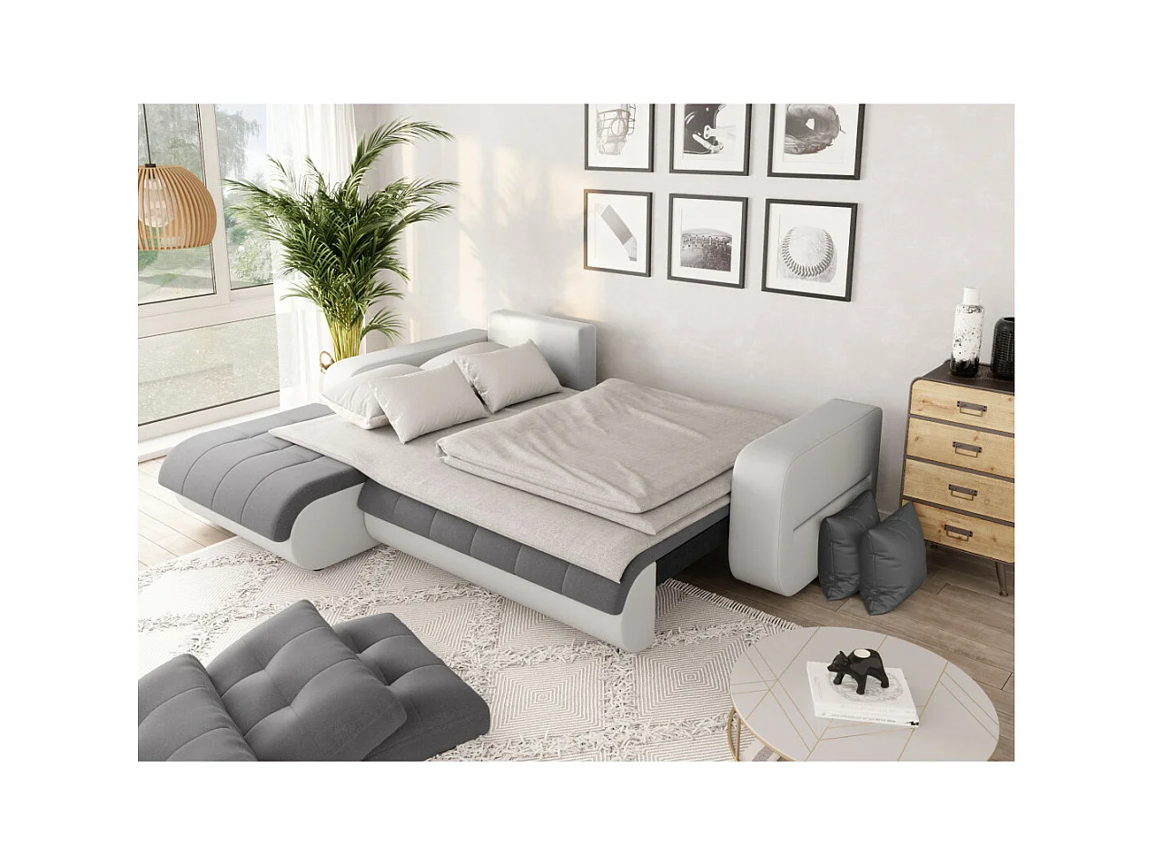 Canapé d'angle Gauche 4 places Suzie Convertible en Simili et Microfibre - Blanc et Gris - L246 x 188 x 80cm - Loungitude