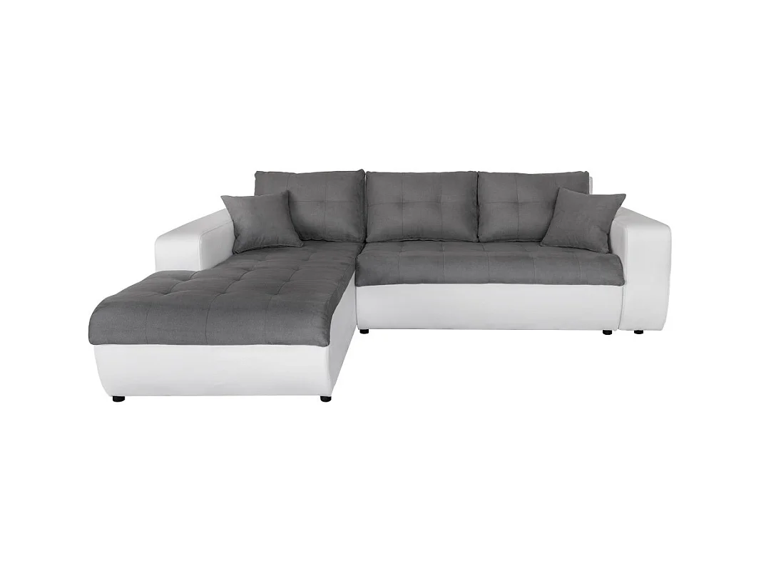 Canapé d'angle Gauche 4 places Suzie Convertible en Simili et Microfibre - Blanc et Gris - L246 x 188 x 80cm - Loungitude