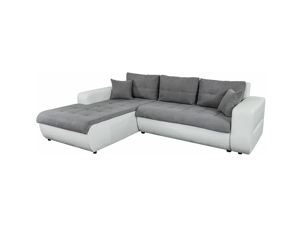 Canapé d'angle Gauche 4 places Suzie Convertible en Simili et Microfibre - Blanc et Gris - L246 x 188 x 80cm - Loungitude