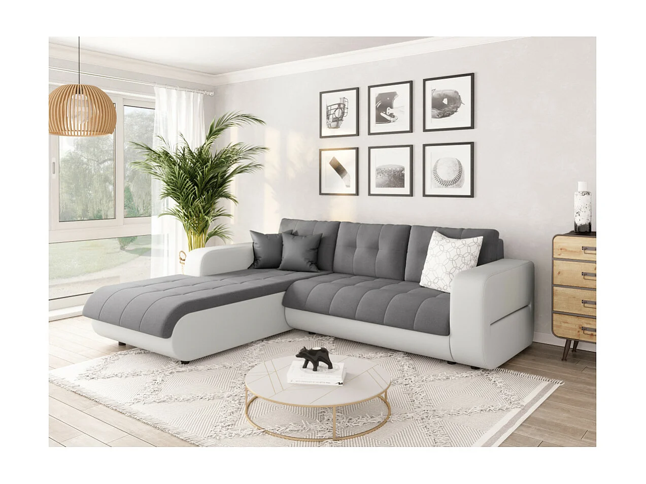 Canapé d'angle Gauche 4 places Suzie convertible en Simili et Microfibre - Blanc et Gris - L246 x 188 x 80cm - Loungitude