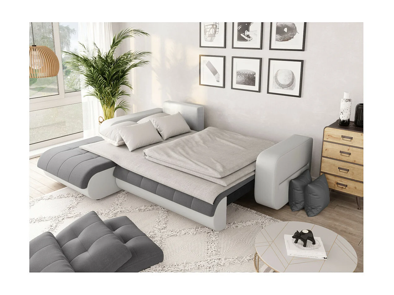 Canapé d'angle Gauche 4 places Suzie convertible en Simili et Microfibre - Blanc et Gris - L246 x 188 x 80cm - Loungitude