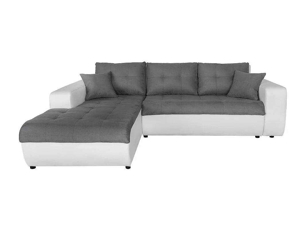 Canapé d'angle Gauche 4 places Suzie convertible en Simili et Microfibre - Blanc et Gris - L246 x 188 x 80cm - Loungitude
