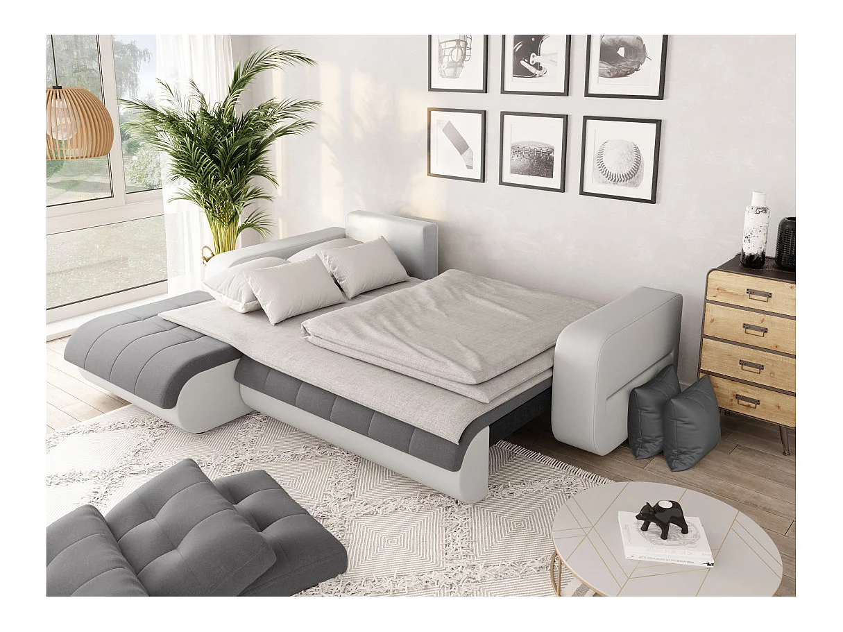 Canapé d'angle Gauche 4 places Suzie convertible en Simili et Microfibre - Blanc et Gris - L246 x 188 x 80cm - Loungitude