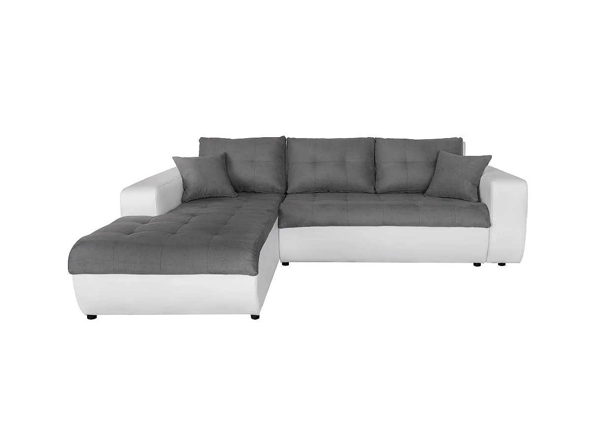 Canapé d'angle Gauche 4 places Suzie convertible en Simili et Microfibre - Blanc et Gris - L246 x 188 x 80cm - Loungitude