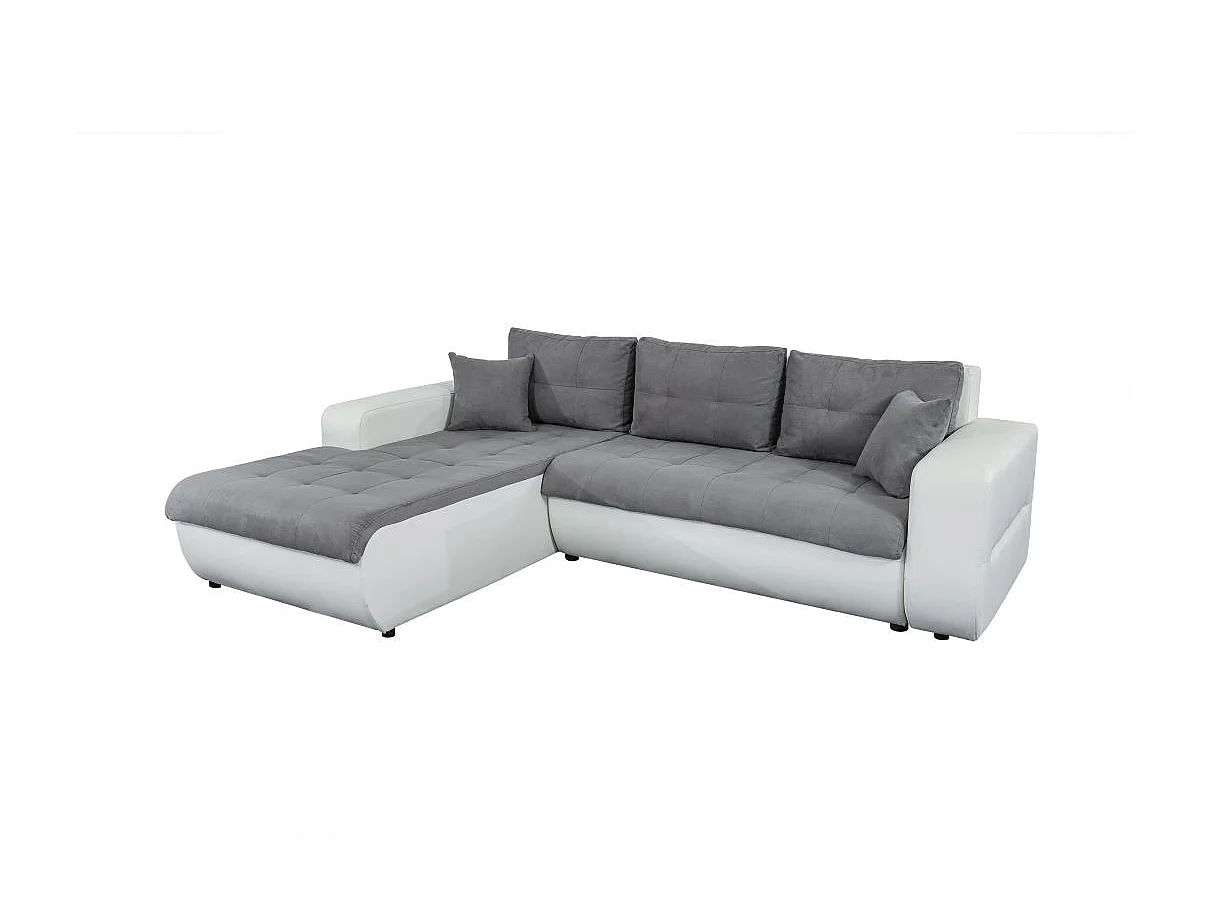 Canapé d'angle Gauche 4 places Suzie convertible en Simili et Microfibre - Blanc et Gris - L246 x 188 x 80cm - Loungitude
