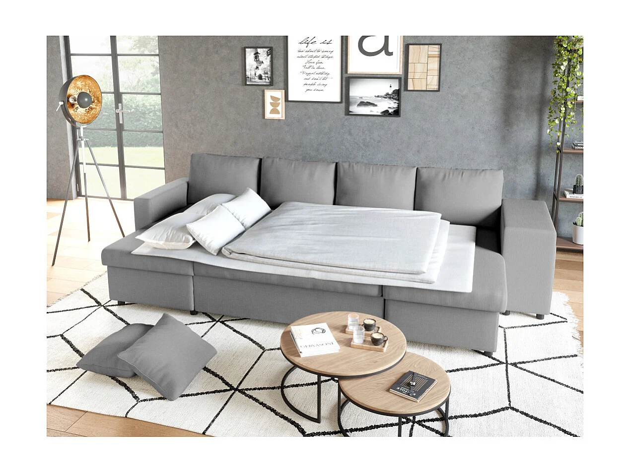 Canapé d'angle panoramique Oslo convertible avec coffres et poufs à droite - Tissu - Gris clair - L311 x P146 x H81cm - Loungitude