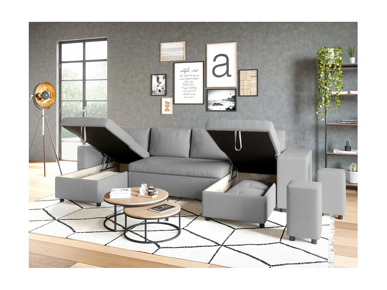 Canapé d'angle panoramique Oslo convertible avec coffres et poufs à droite - Tissu - Gris clair - L311 x P146 x H81cm - Loungitude