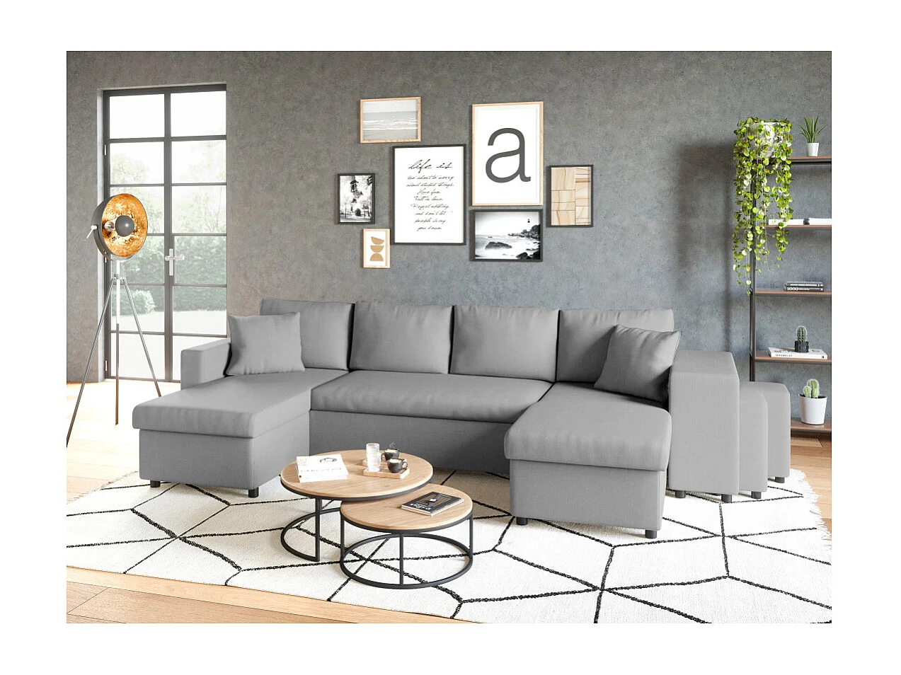 Canapé d'angle panoramique Oslo convertible avec coffres et poufs à droite - Tissu - Gris clair - L311 x P146 x H81cm - Loungitude