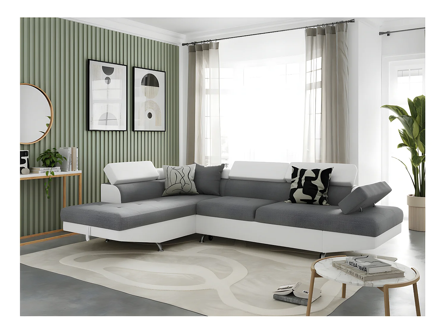 Canapé d'angle gauche 5 places Rio Convertible avec coffre en tissu et simili - Blanc/Gris - L271 x P192 x H70cm - Loungitude