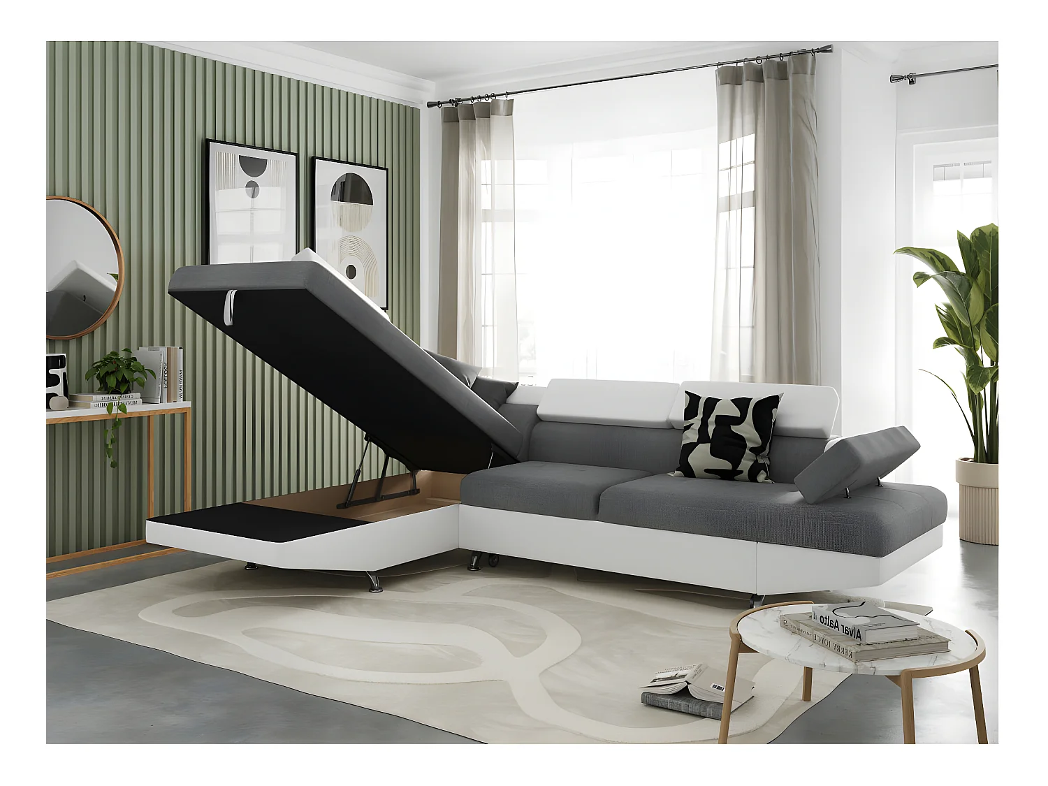 Canapé d'angle gauche 5 places Rio Convertible avec coffre en tissu et simili - Blanc/Gris - L271 x P192 x H70cm - Loungitude