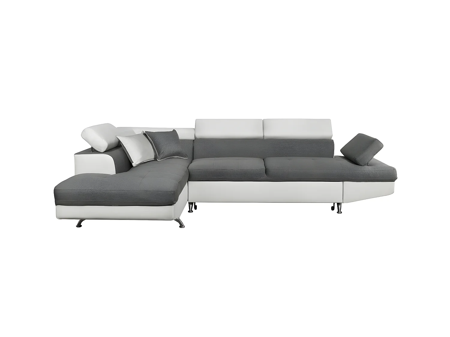 Canapé d'angle gauche 5 places Rio Convertible avec coffre en tissu et simili - Blanc/Gris - L271 x P192 x H70cm - Loungitude