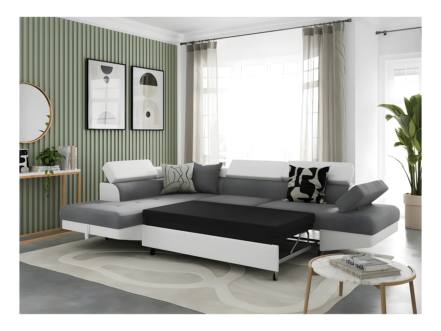 Canapé d'angle gauche 5 places Rio Convertible avec coffre en tissu et simili - Blanc/Gris - L271 x P192 x H70cm - Loungitude